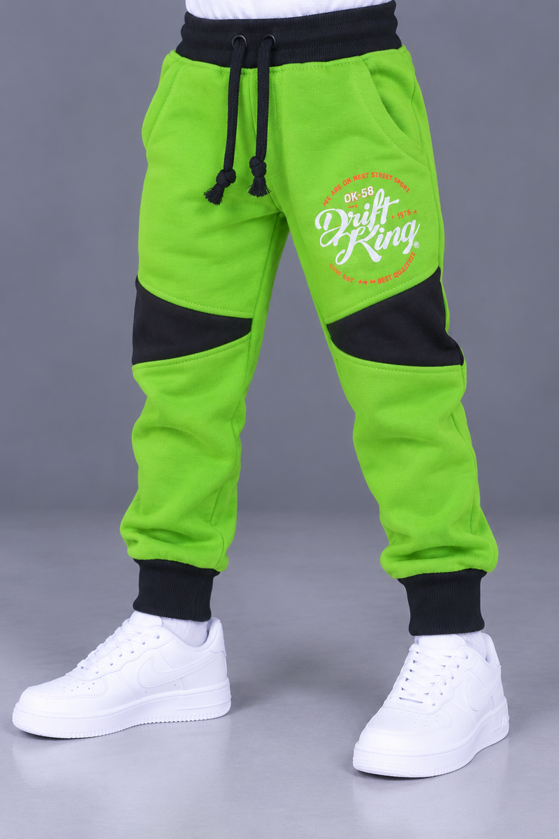 Kids’ Neon Green Jogger Trouser with Black Knee Panels & “Drift King” Print-Neon Green-MU171