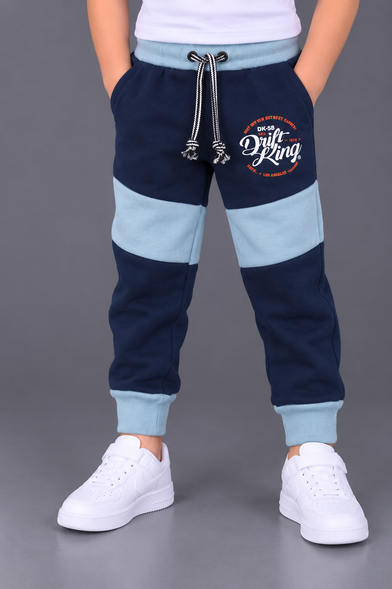 Boys Navy Blue & Sky Blue Color Block Fleece Jogger Trouser – DK-58 Drift King-MU278