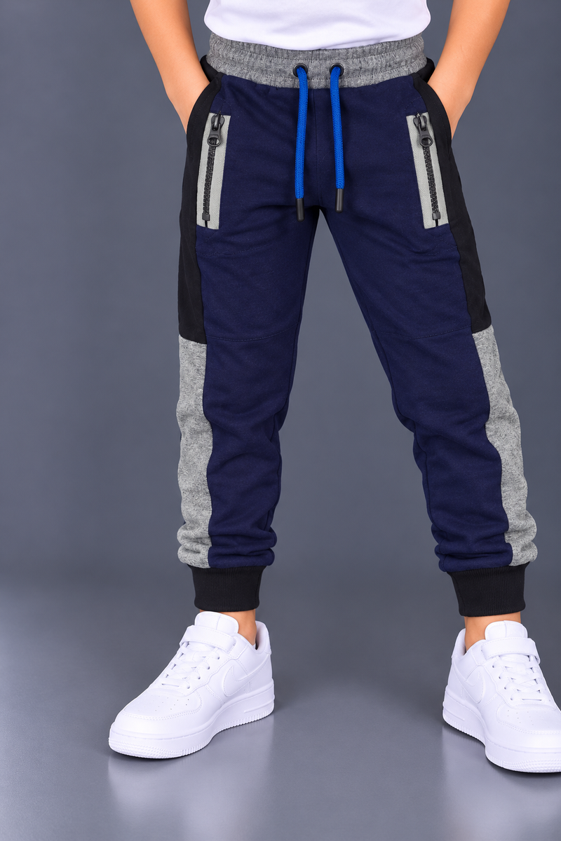 Kids Boys Navy Blue & Black Color-Block Jogger Pants with Zipper Pockets-MU327