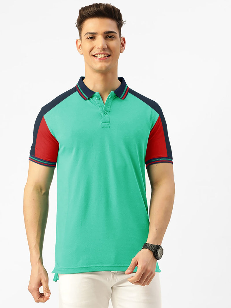 PRL Stylish Pique Summer Polo For Men-Cyan With Navy & Red-RT718