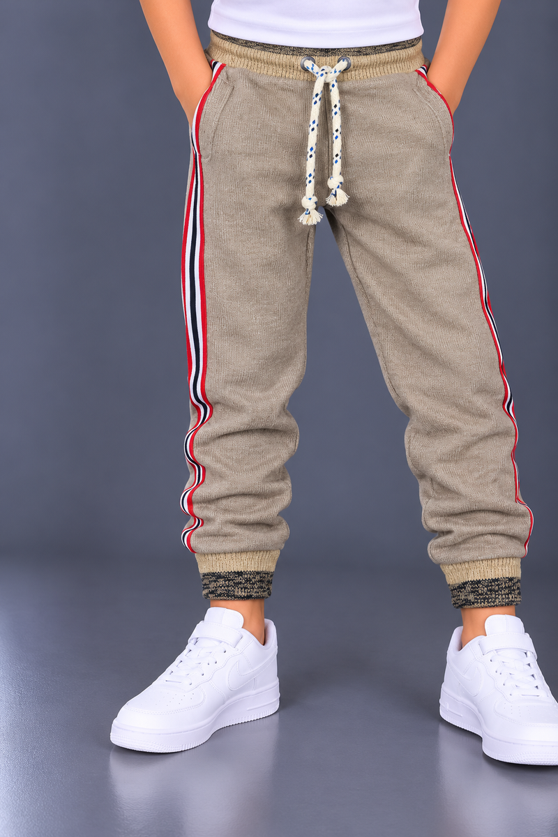 Kids Boys Beige Fleece Jogger Trouser with Red, White & Black Side Stripes-MU330
