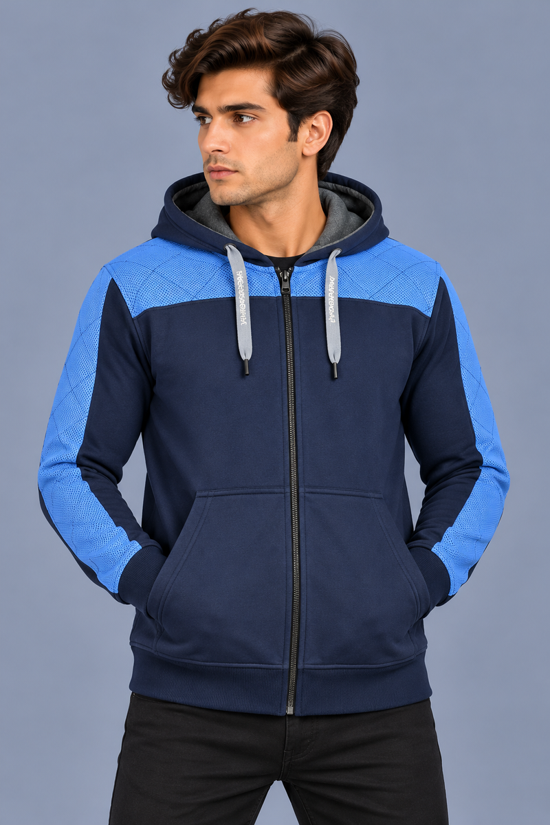 Men’s Navy Blue Hoodie with Sky Blue Quilted Shoulder & Sleeve Panels-MU307