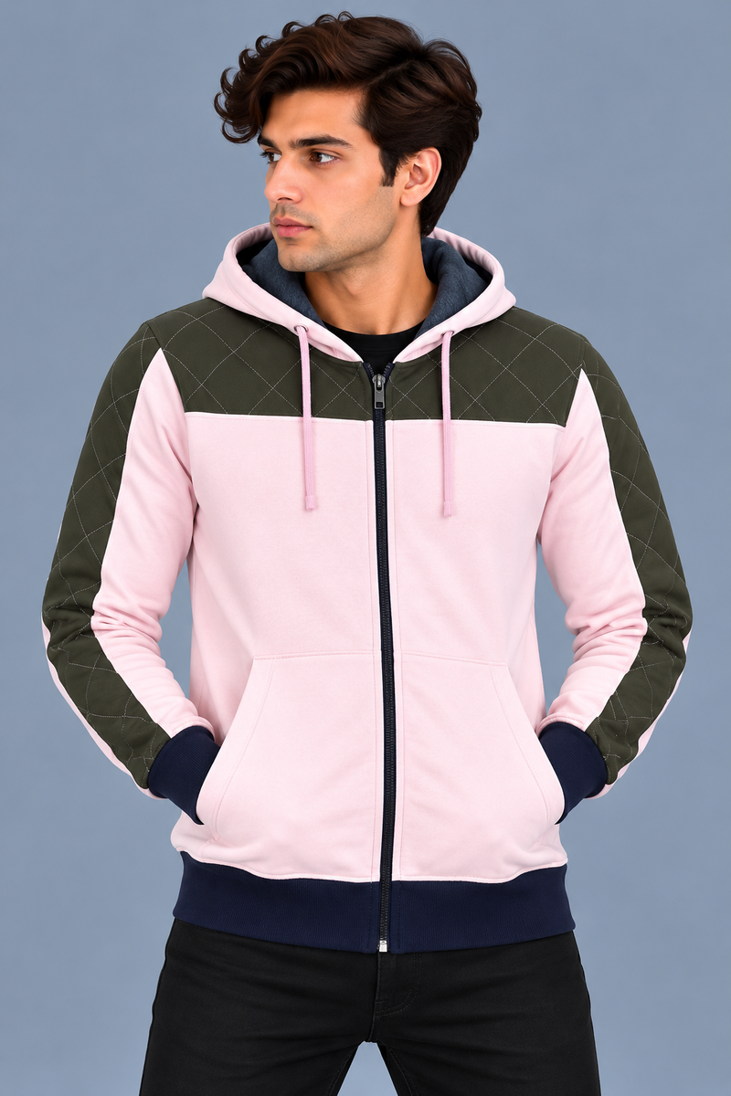 Men’s Light Pink Hoodie with Olive Green Quilted Shoulder & Sleeve Panels-MU315