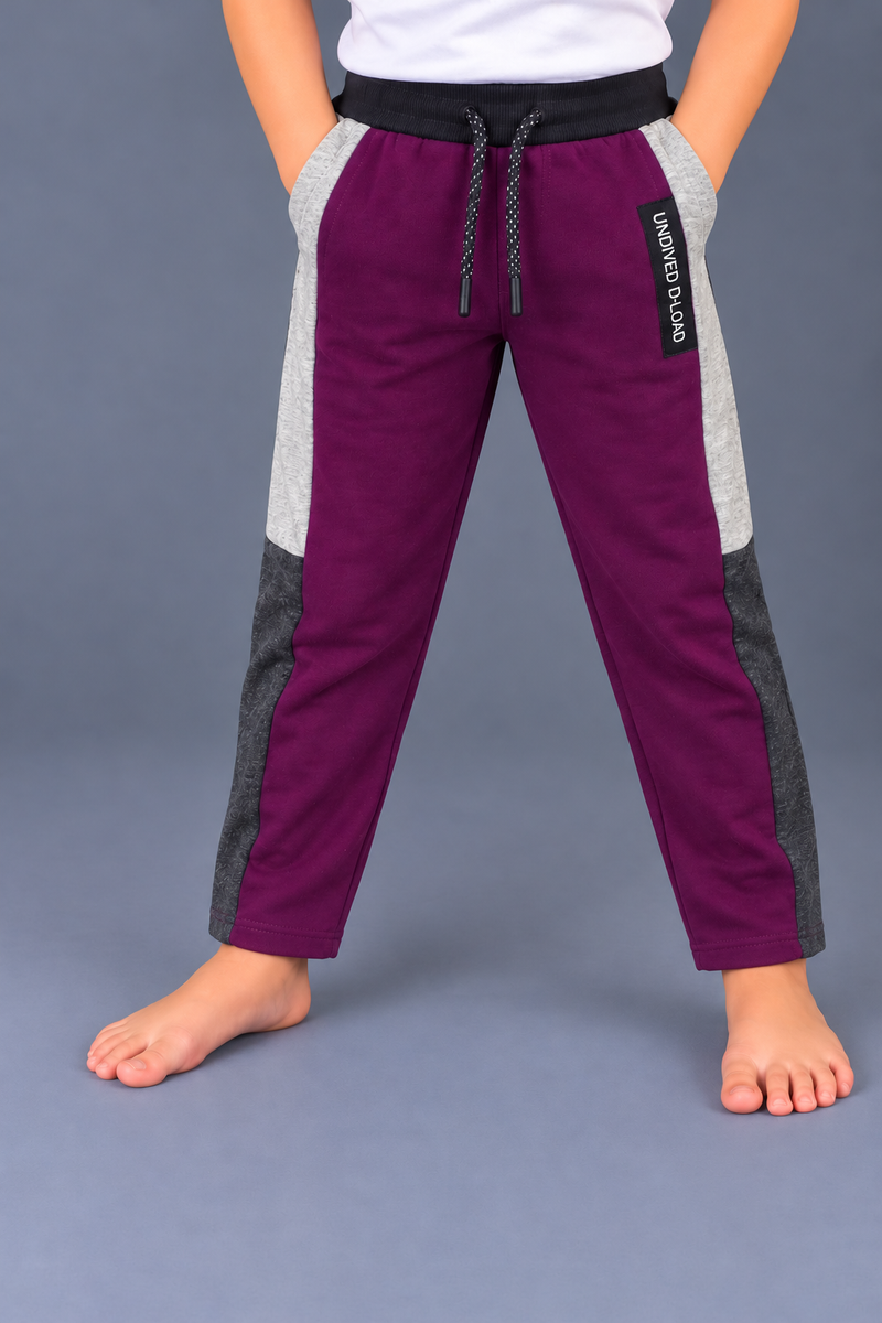 Kids Plum Purple Color Block Jogger Trouser – Grey & Charcoal Panels, Open Hem-MU224