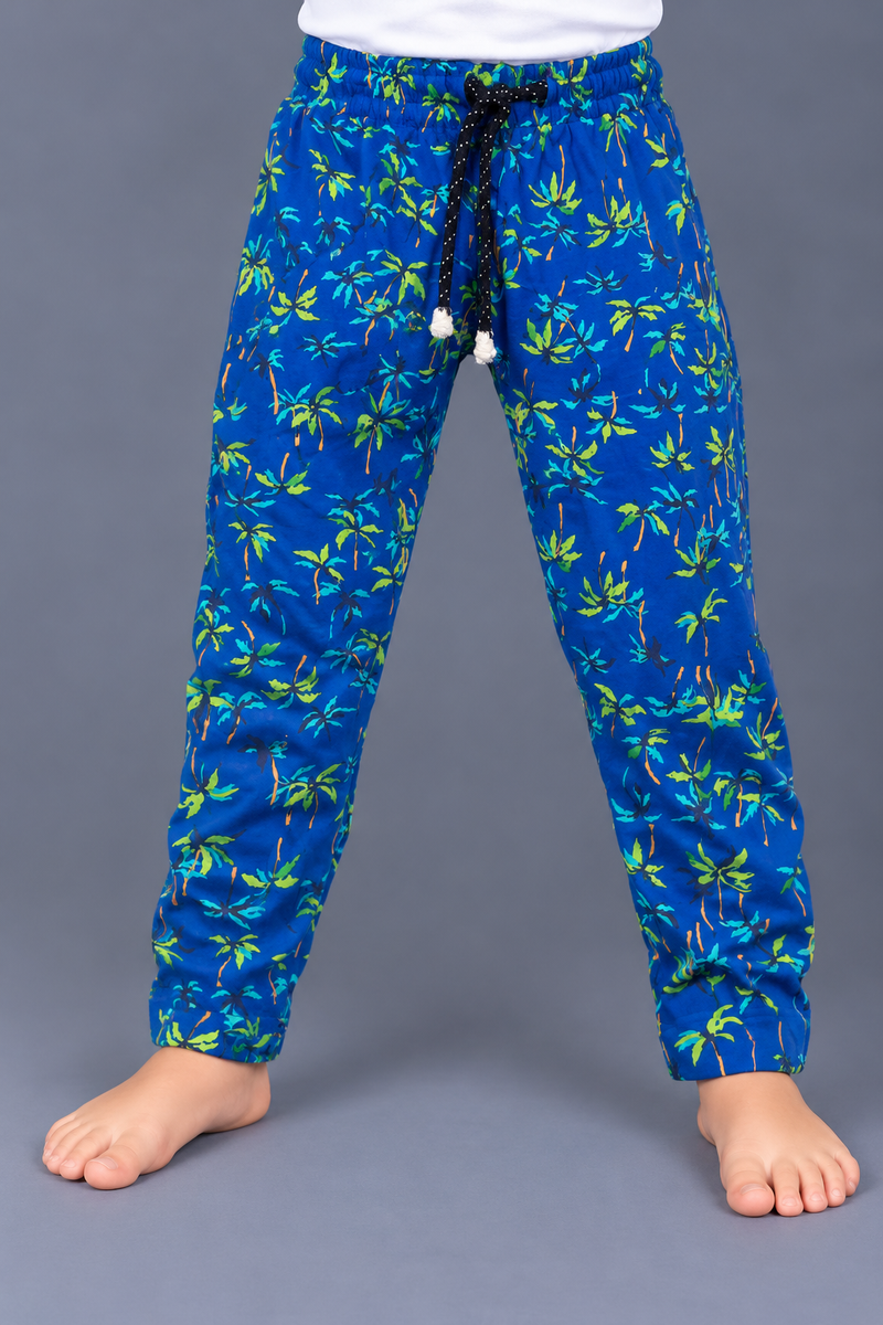 Kids Royal Blue Tropical Print Casual Cotton Trouser-MU242
