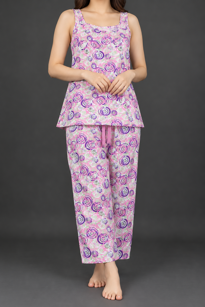 Women’s Printed Sleeveless Night Suit – Comfortable Summer Pajama Set-MU440