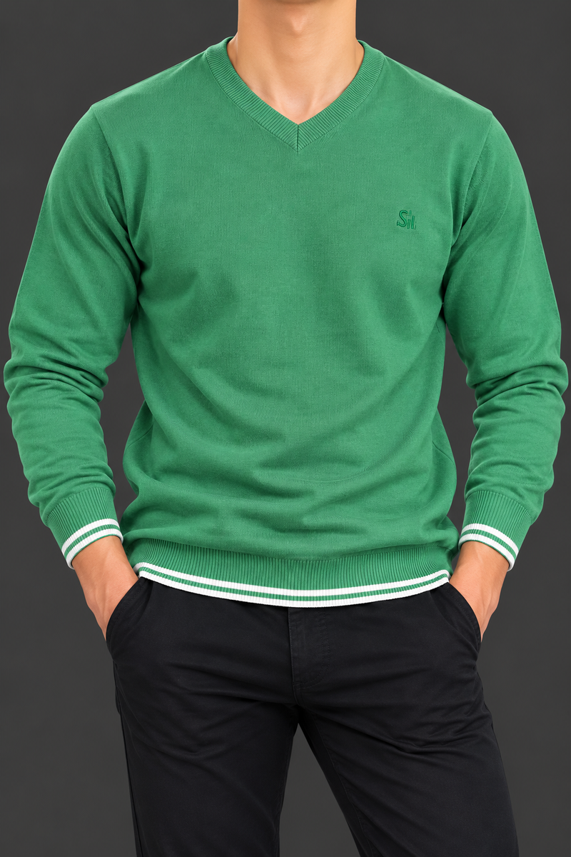 Men’s Green V-Neck Knitted Sweater with White Striped Cuffs & Hem – Premium Winter Wear-MU366