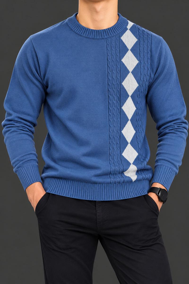 Men’s Blue Cable Knit Sweater with White Diamond Pattern – Premium Crew Neck Winter Wear-MU367