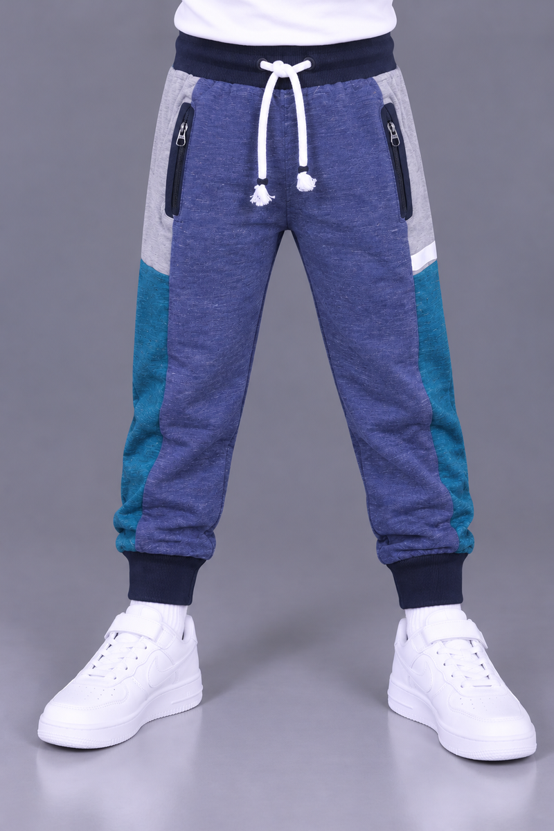 Kids’ Indigo Blue Jogger Trouser with Teal & Grey Side Panels – Zip Pockets & Drawstring Waist-MU192