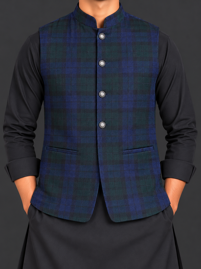 Men’s Premium Navy Blue & Green Checkered Waistcoat with Straight Collar – Classic Traditional Style-MU493