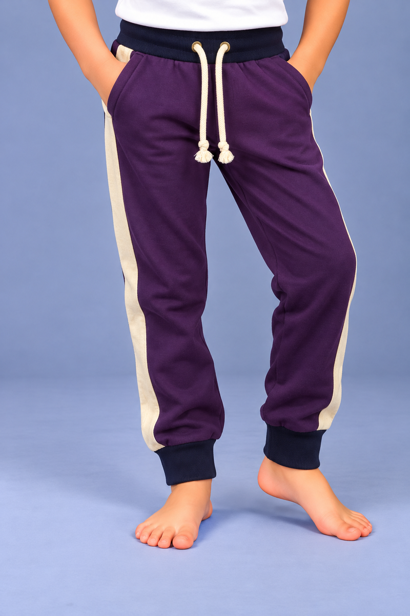 Kids Premium Purple Jogger Trouser with Cream Side Panel-Deep Purple-MU93