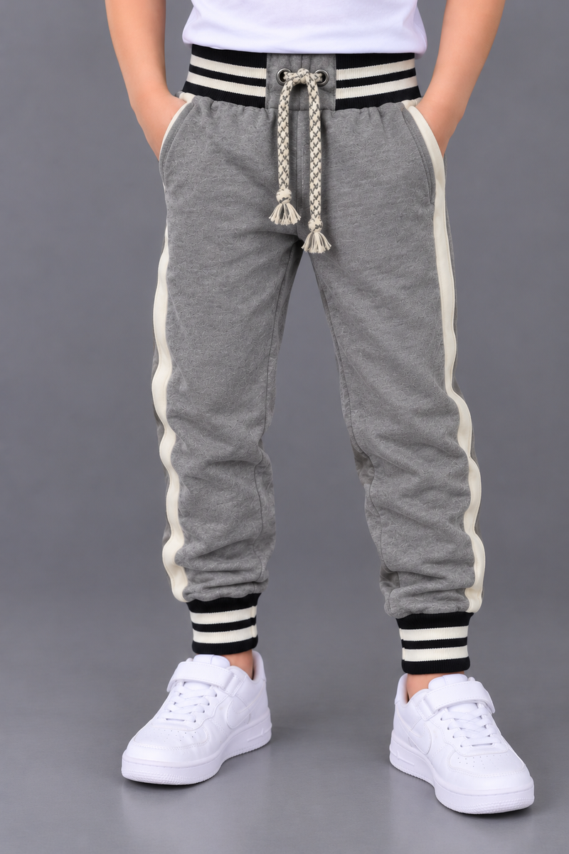 Title: Kids Grey Fleece Jogger Trouser with Cream Side Panels & Striped Cuffs-MU268