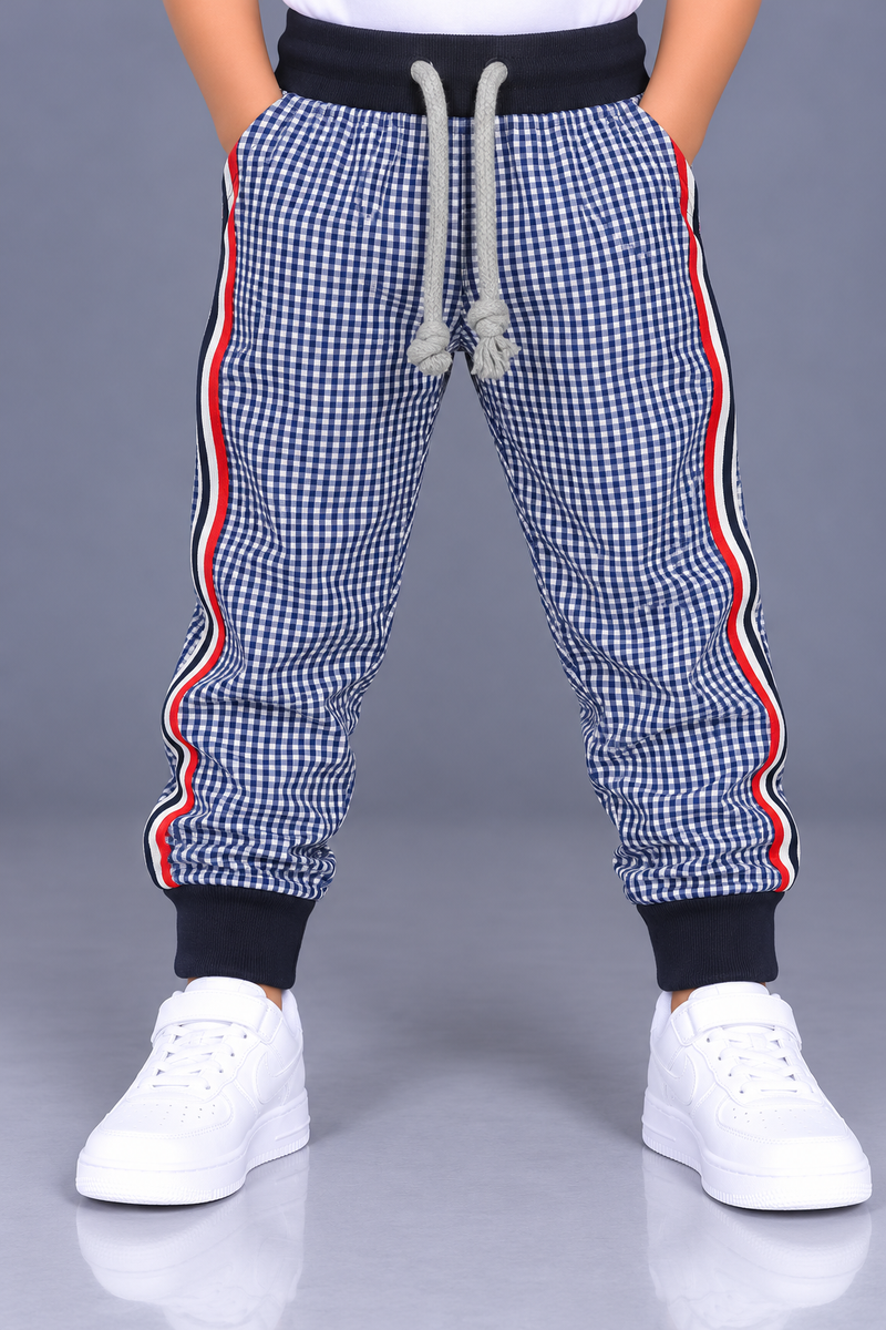 Kids Stylish Blue & White Checkered Jogger Trouser with Red Side Stripes-MU128