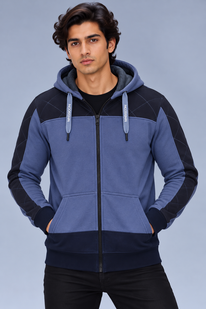 Men’s Stylish Zip-Up Hoodie – Dusty Blue with Black Quilted Sleeve Panels-MU297