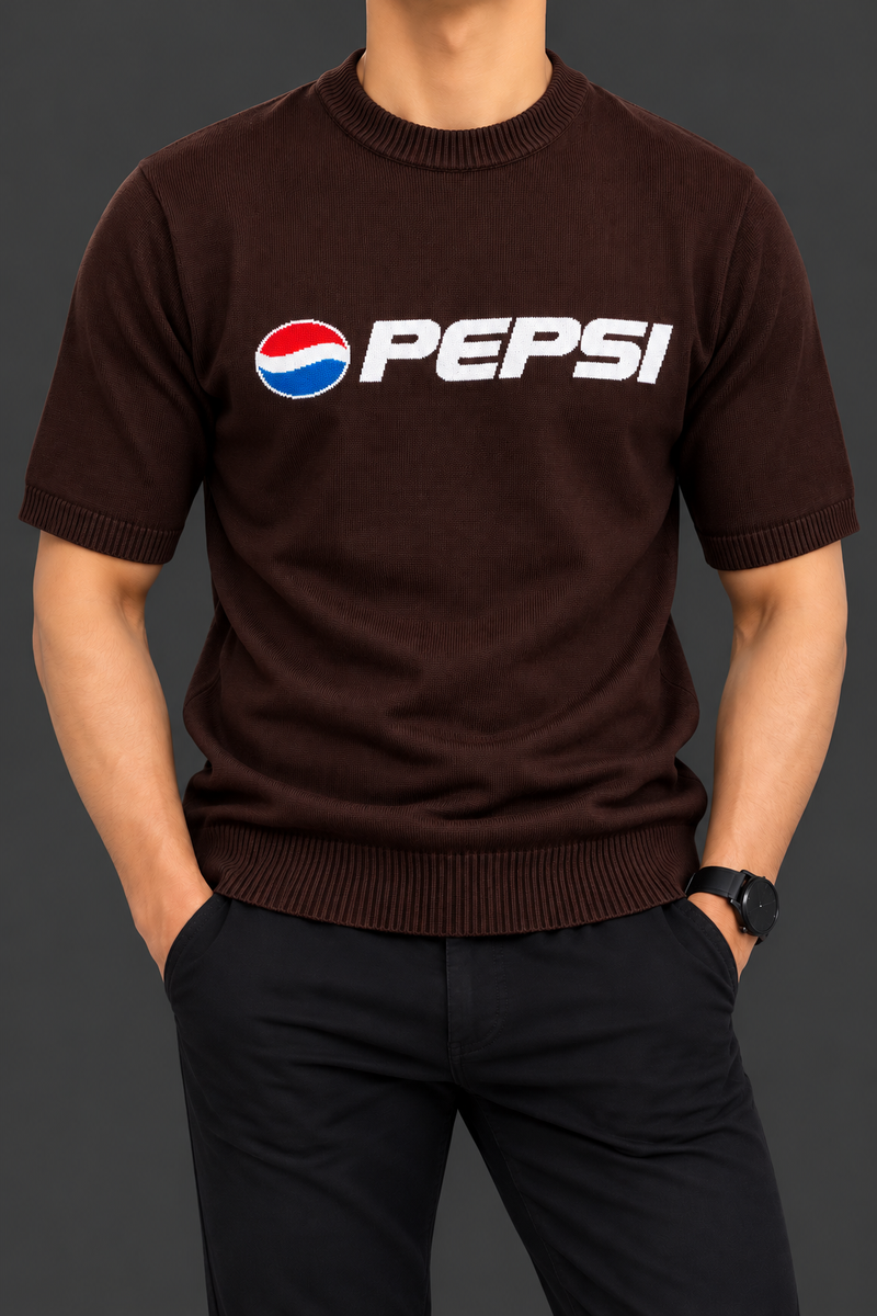 Men’s Dark Chocolate Brown Pepsi Logo Half-Sleeve Knitted T-Shirt – Premium Casual Wear-MU364