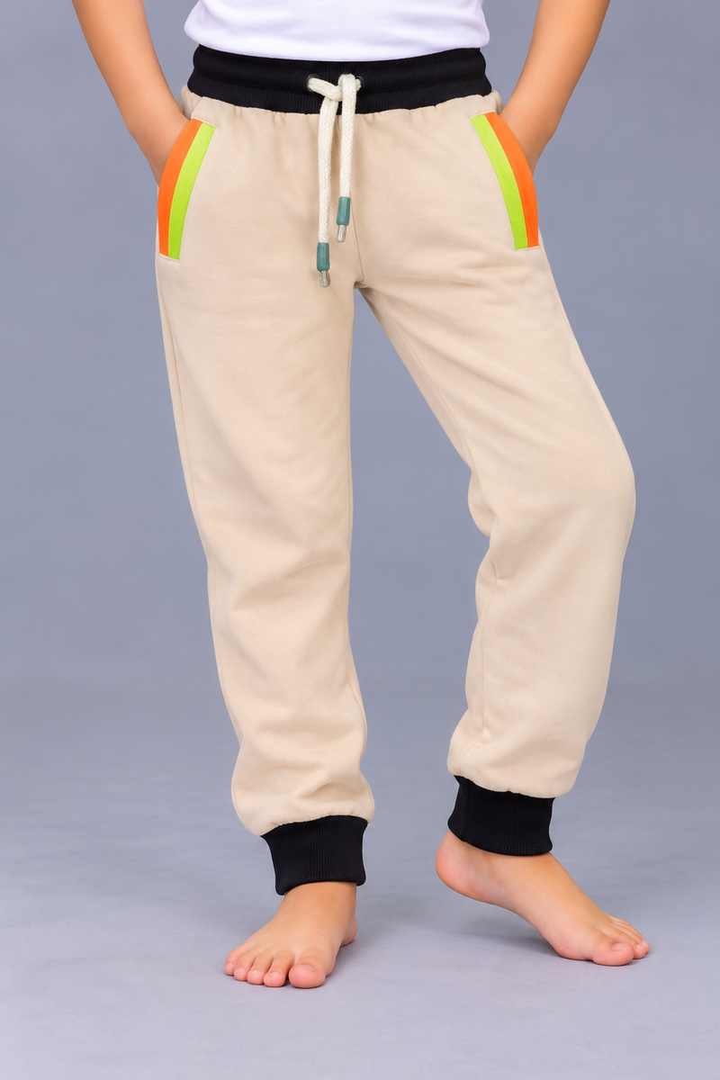 Kids Premium Beige Fleece Jogger Trouser with Neon Pocket Stripes-Beige-MU85