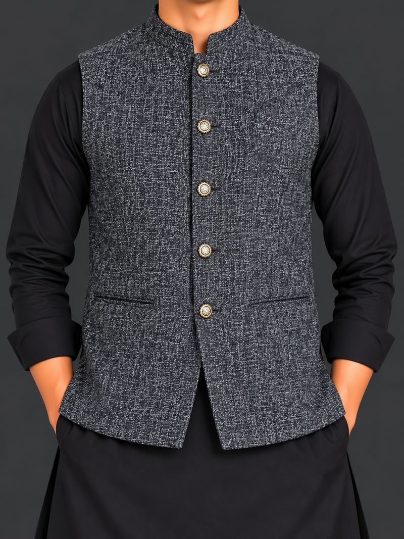 Men’s Premium Textured Waistcoat – Classic Grey Sleeveless Suit Vest-MU494