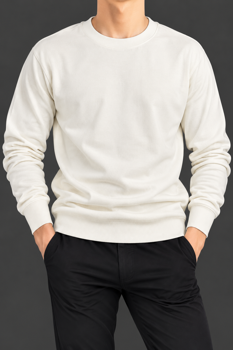Men’s Classic Cream Crew Neck Sweatshirt – Full Sleeve Ribbed Pullover-MU373