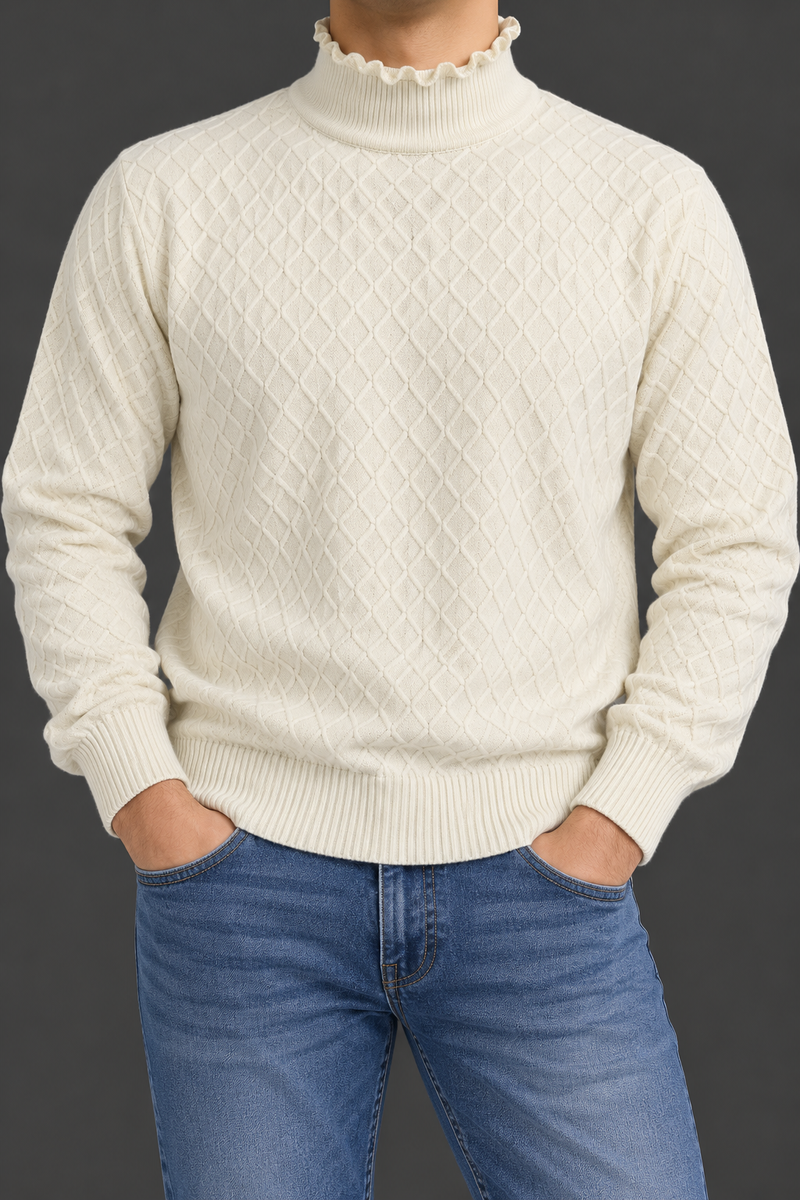 Men’s Cream Diamond Knit Turtleneck Sweater – Full Sleeve Winter Pullover-MU402