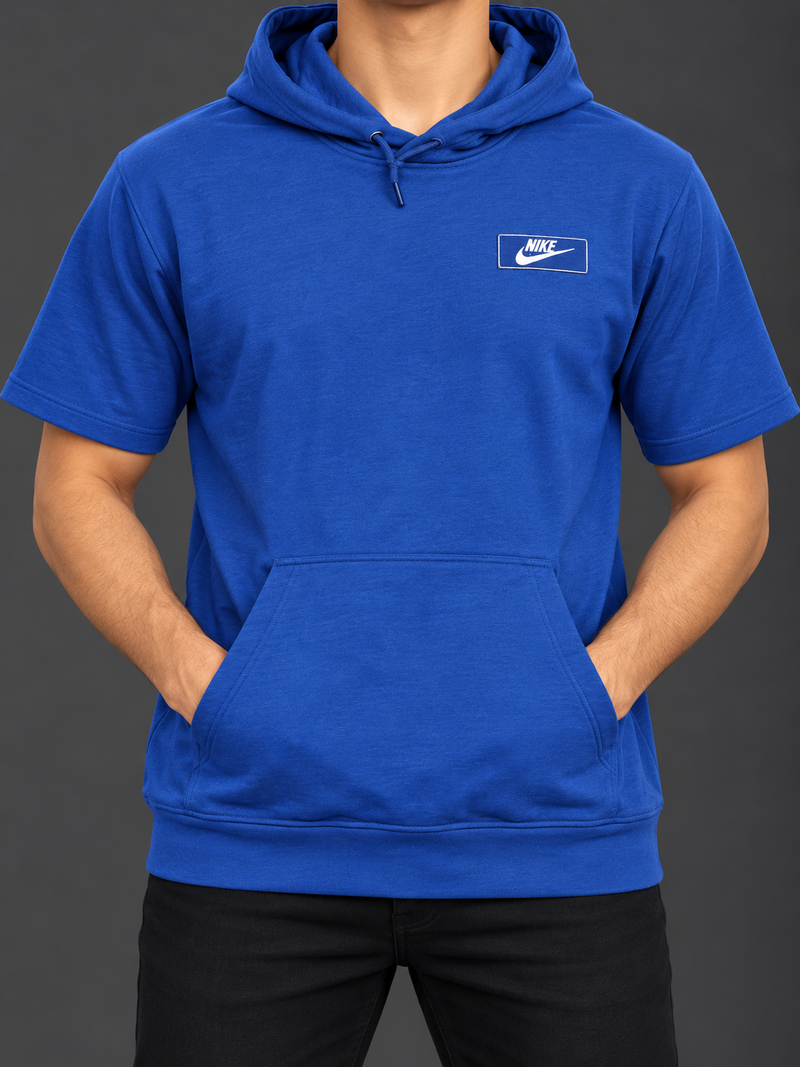 Men’s Nike Blue Short Sleeve Hoodie – Kangaroo Pocket Casual Hooded T-Shirt-MU457