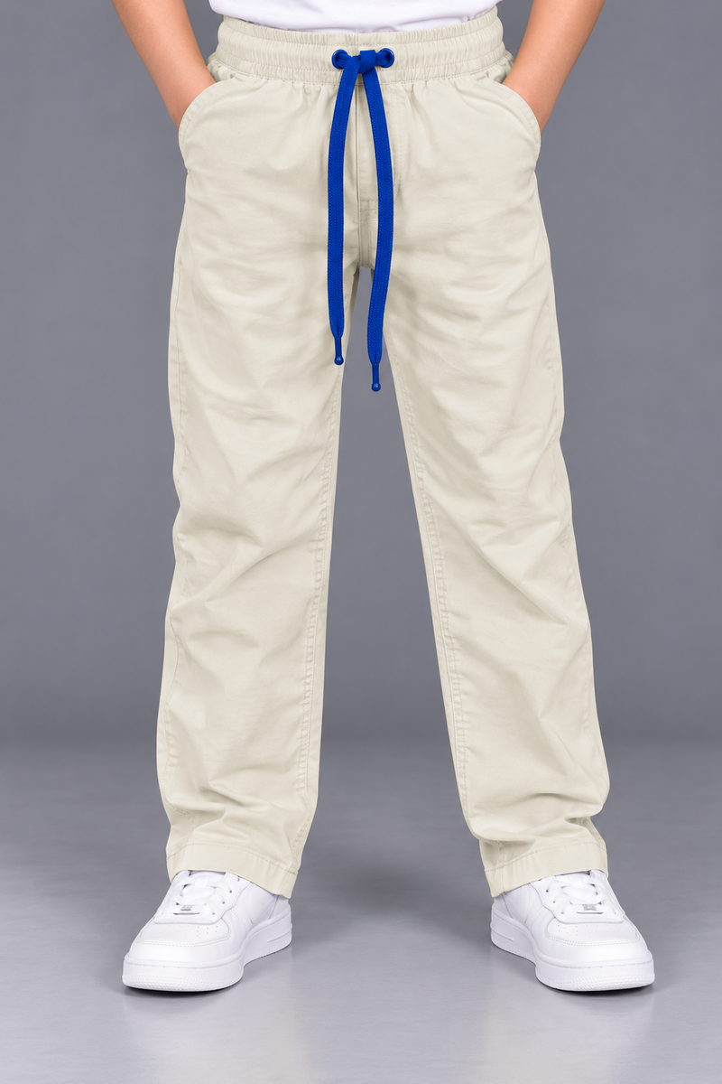 Kids’ Light Cream Casual Trouser with Blue Drawstring-MU157