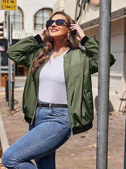 PLT Basic Lightweight Bomber Jacket For Ladies-Olive-RT2555