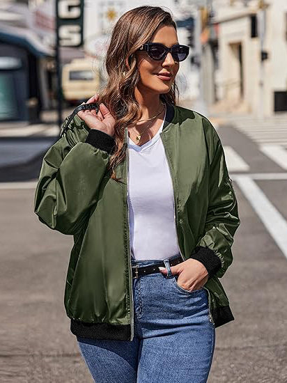 PLT Basic Lightweight Bomber Jacket For Ladies-Olive-RT2555