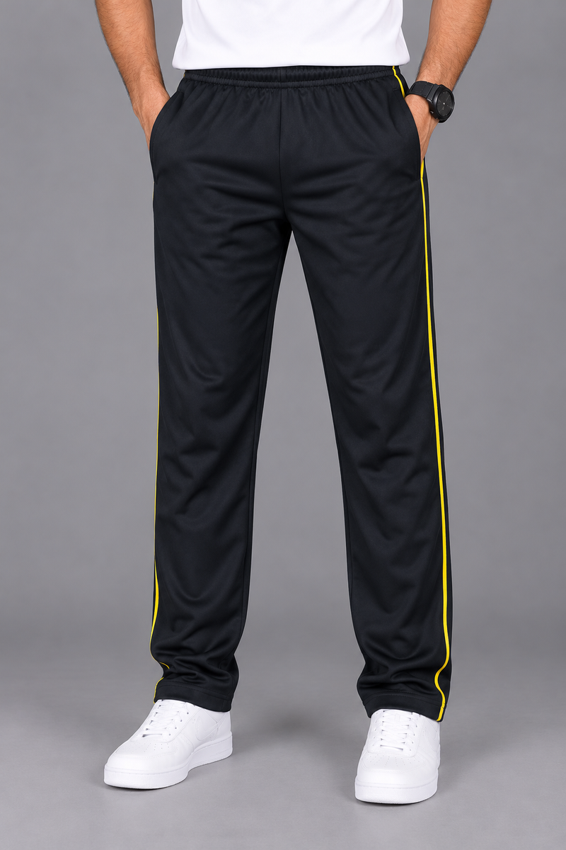 Men’s Black Micro Fleece Track Trouser with Double Yellow Side Piping – Regular Fit-MU346