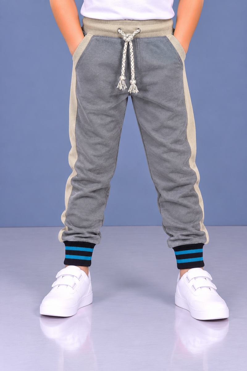 Kids’ Grey Jogger Trouser with Cream Side Panels & Blue Striped Ribbed Cuffs-MU152