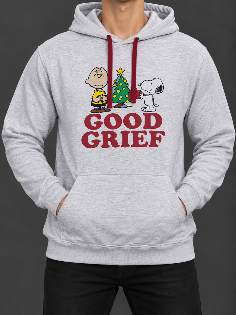 Men’s Good Grief Graphic Printed Hoodie – Light Grey Pullover with Maroon Drawstrings-MU460