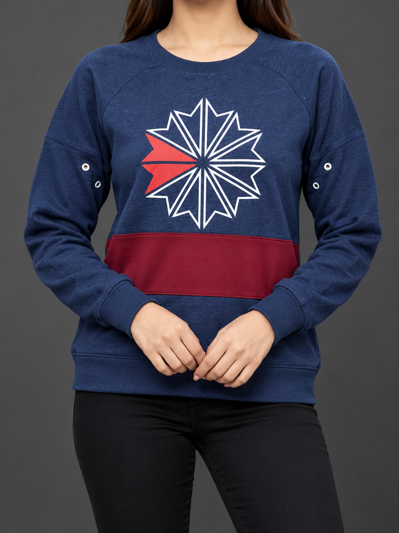 Women’s Graphic Printed Sweatshirt – Navy Blue & Maroon Color Block-MU454