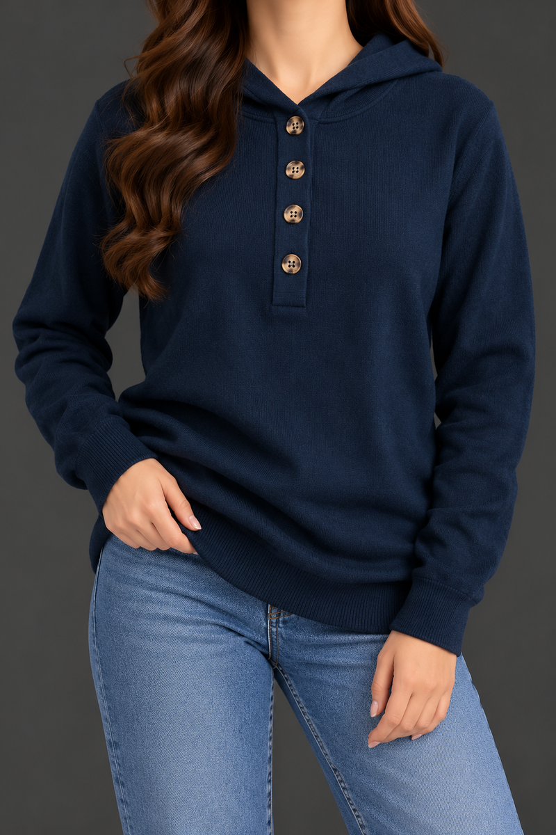 Women’s Navy Blue Button-Front Hooded Sweater – Full Sleeve Winter Hoodie-MU400