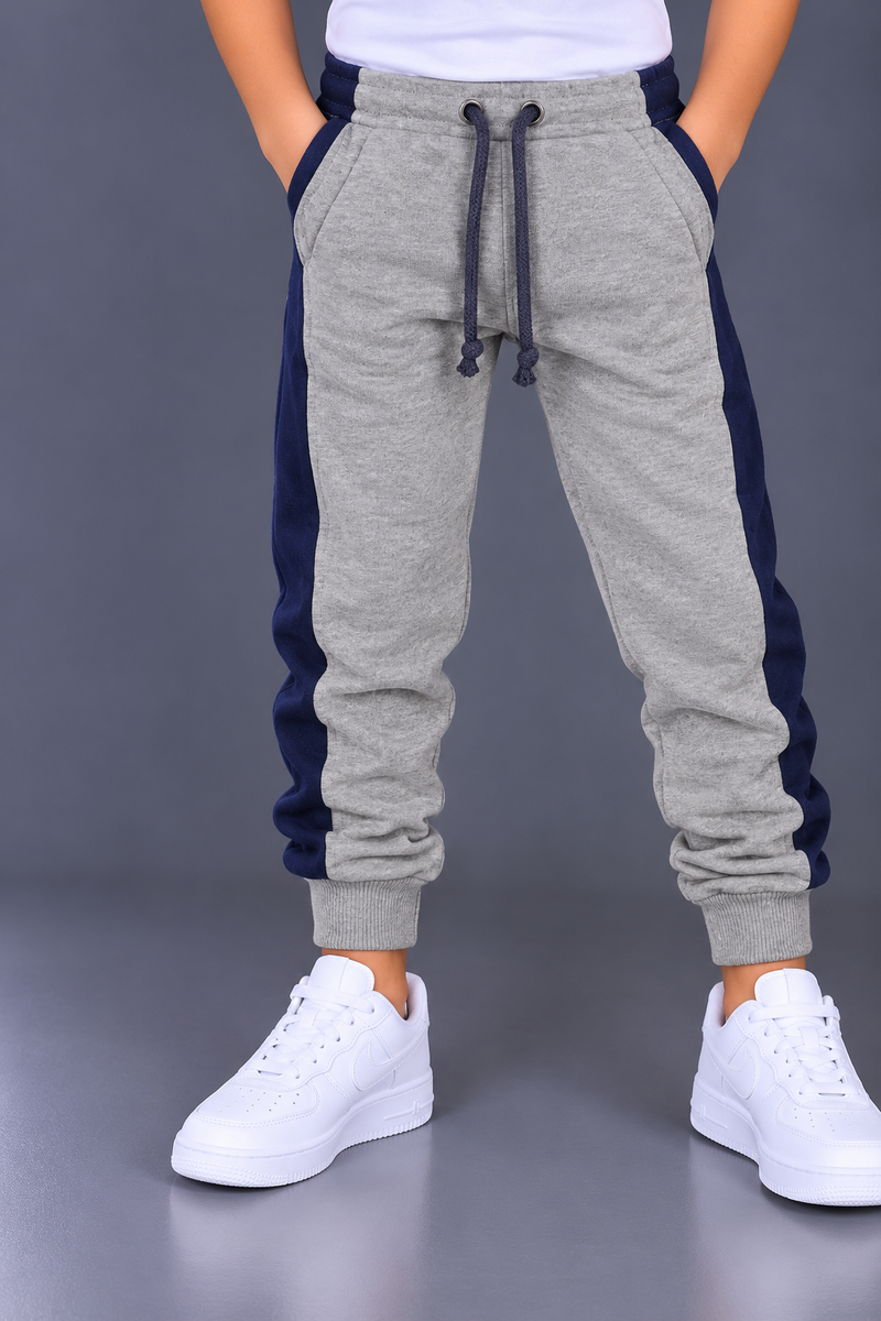 Kids Boys Grey & Navy Blue Side Panel Jogger Pants-MU326