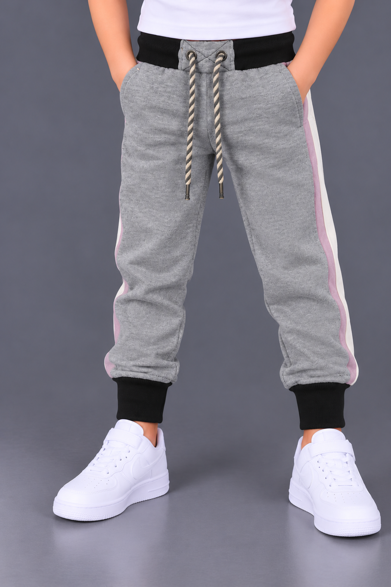 Kids Grey Fleece Jogger Trouser with Pink & White Side Stripes and Black Ribbed Cuffs-MU284