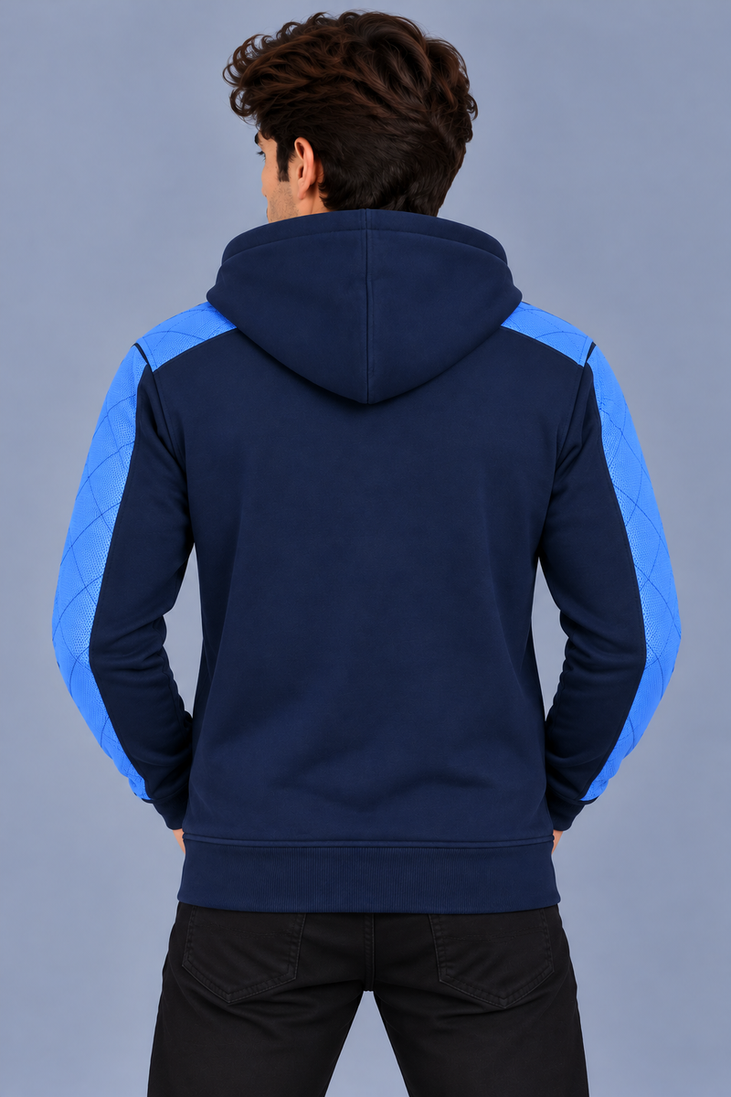 Men’s Navy Blue Hoodie with Sky Blue Quilted Shoulder & Sleeve Panels-MU307