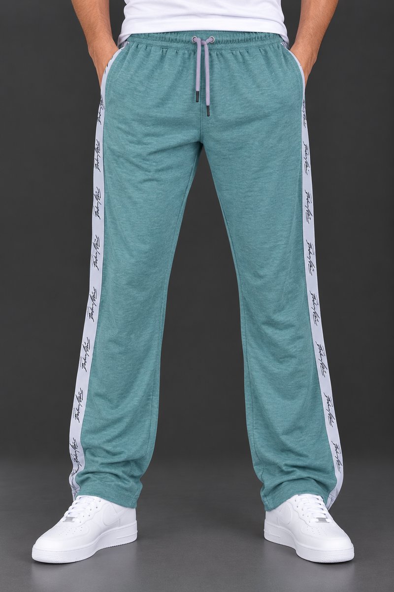 Men’s Teal Green Straight-Fit Trousers with Printed Side Tape-MU448