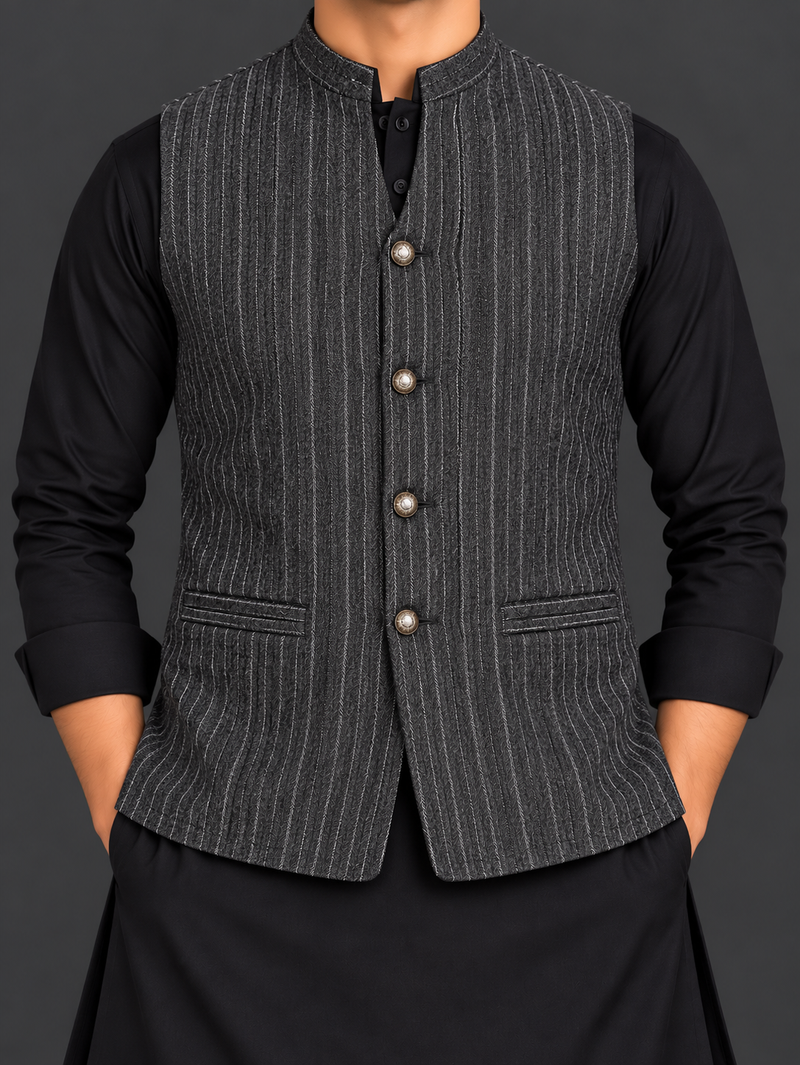 Men’s Premium Black Herringbone Textured Waistcoat – Classic Traditional Style-MU485