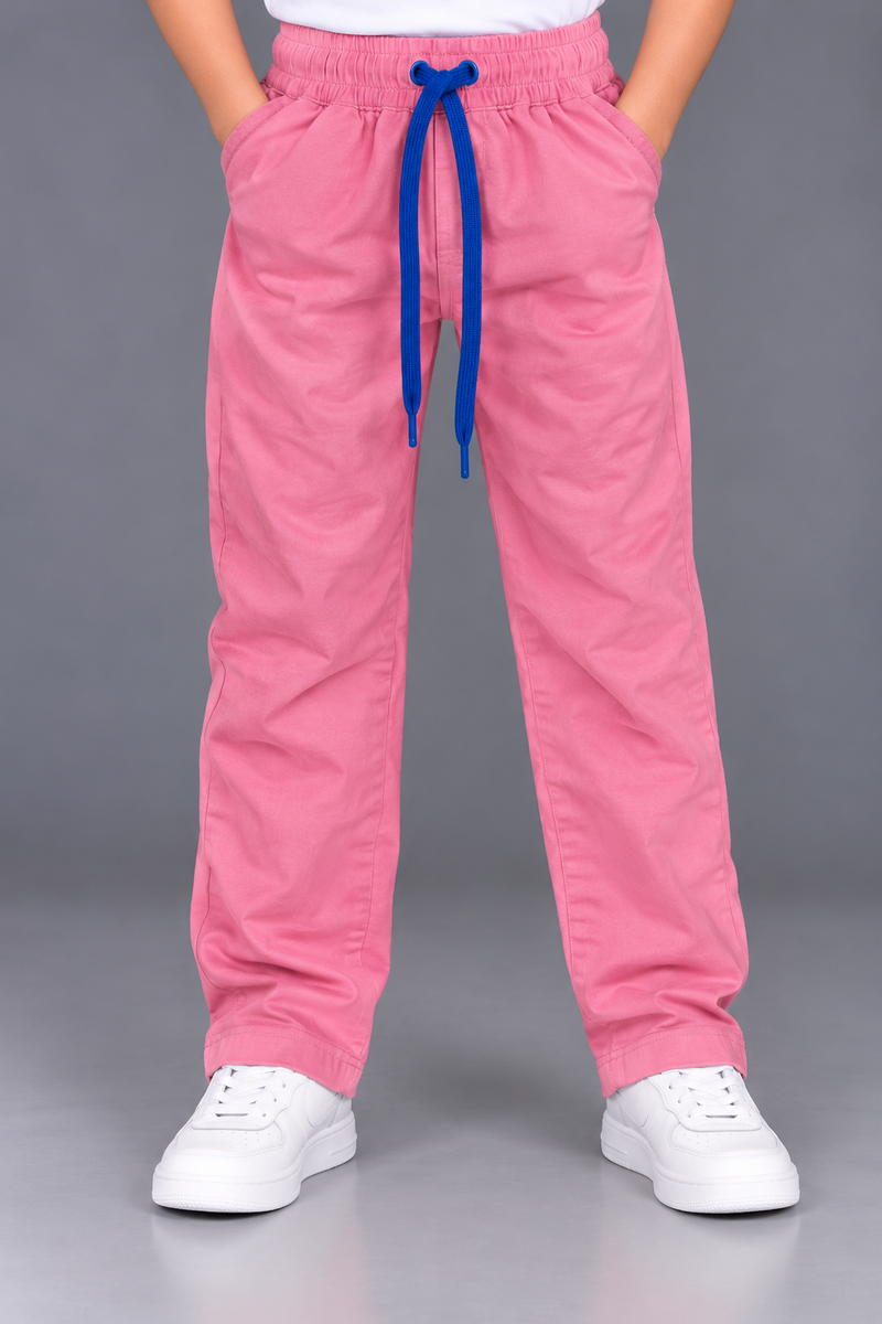 Kids’ Pink Casual Trouser with Royal Blue Drawstring – Regular Fit-MU159