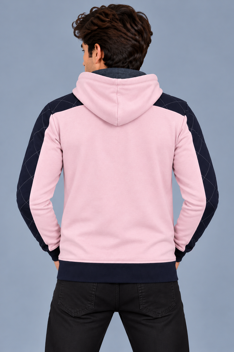 Men’s Light Pink Zip-Up Hoodie with Dark Grey Quilted Shoulder & Sleeve Panels-MU311