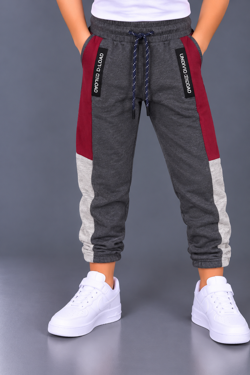 Kids Boys Grey & Maroon Contrast Panel Jogger Trouser-MU324
