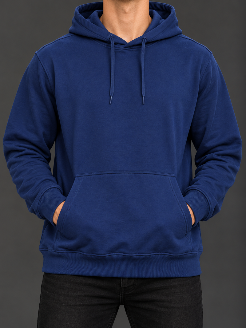 Men’s Navy Blue Pullover Hoodie – Plain Casual Sweatshirt with Kangaroo Pocket-MU463