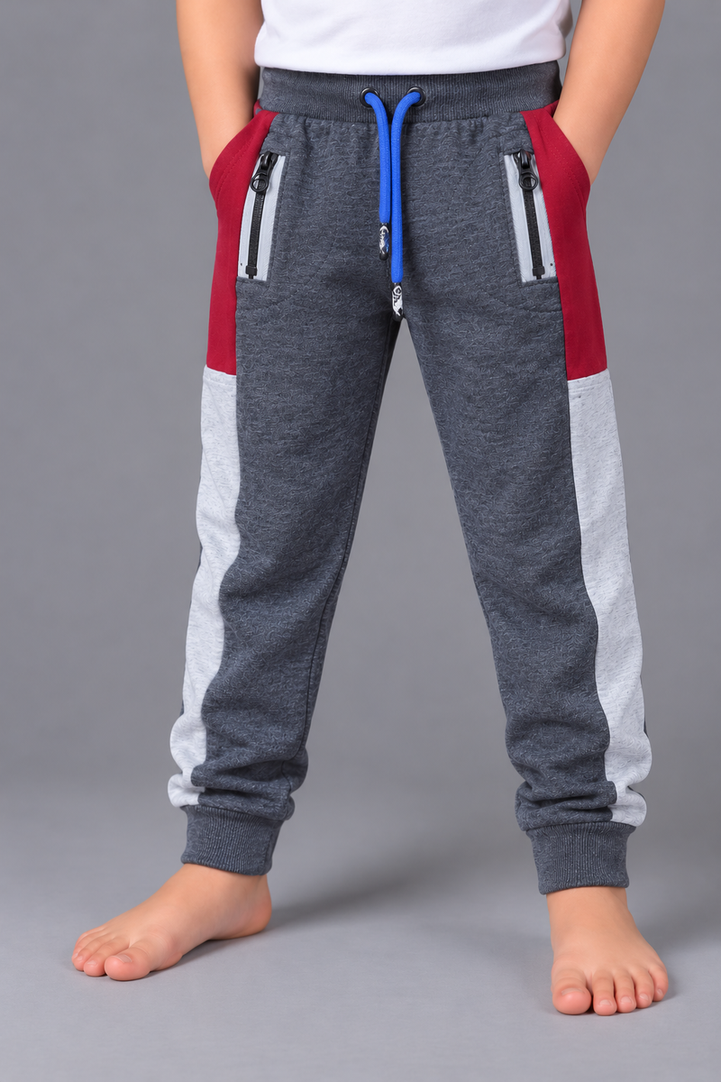 Kids Color Block Jogger Trouser – Charcoal Grey, Maroon & Light Grey-MU199