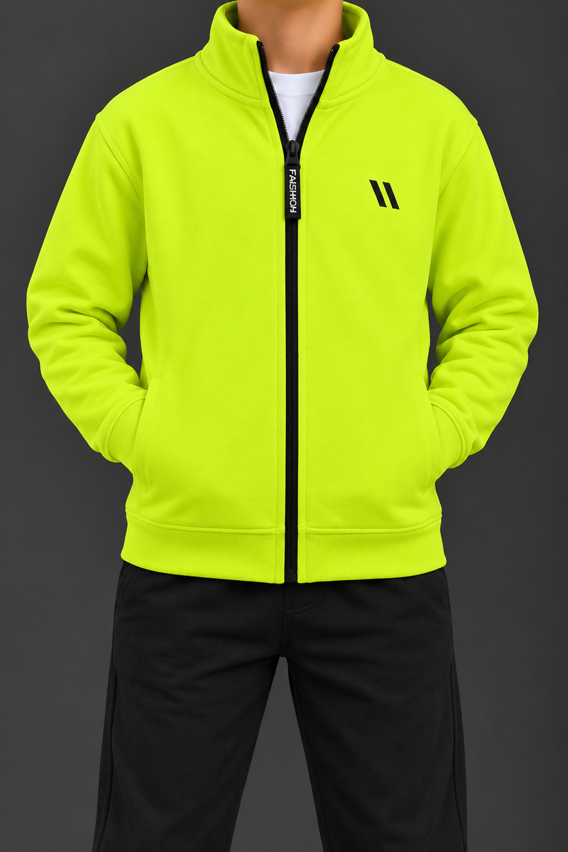 Boys Neon Lime Green Zipper Jacket with Concealed Side Pockets-MU449