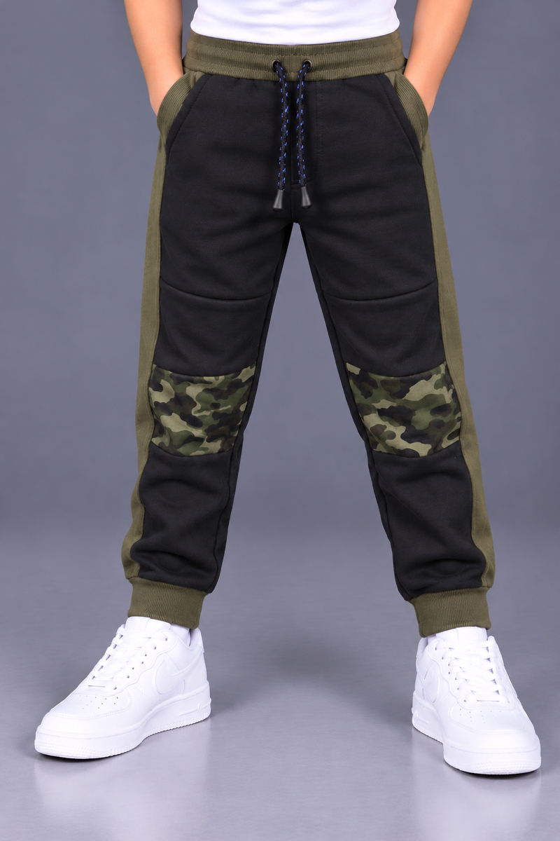 Kids’ Black Jogger Trouser with Olive Green Side Panels & Camouflage Knee Patches-MU180