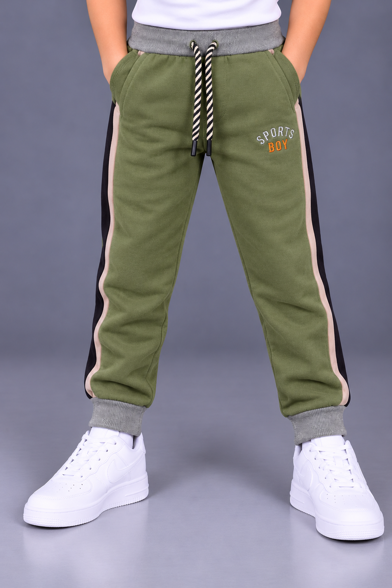 Kids’ Olive Green Jogger Trouser with Black & Beige Side Panels – Grey Ribbed Cuffs-MU181