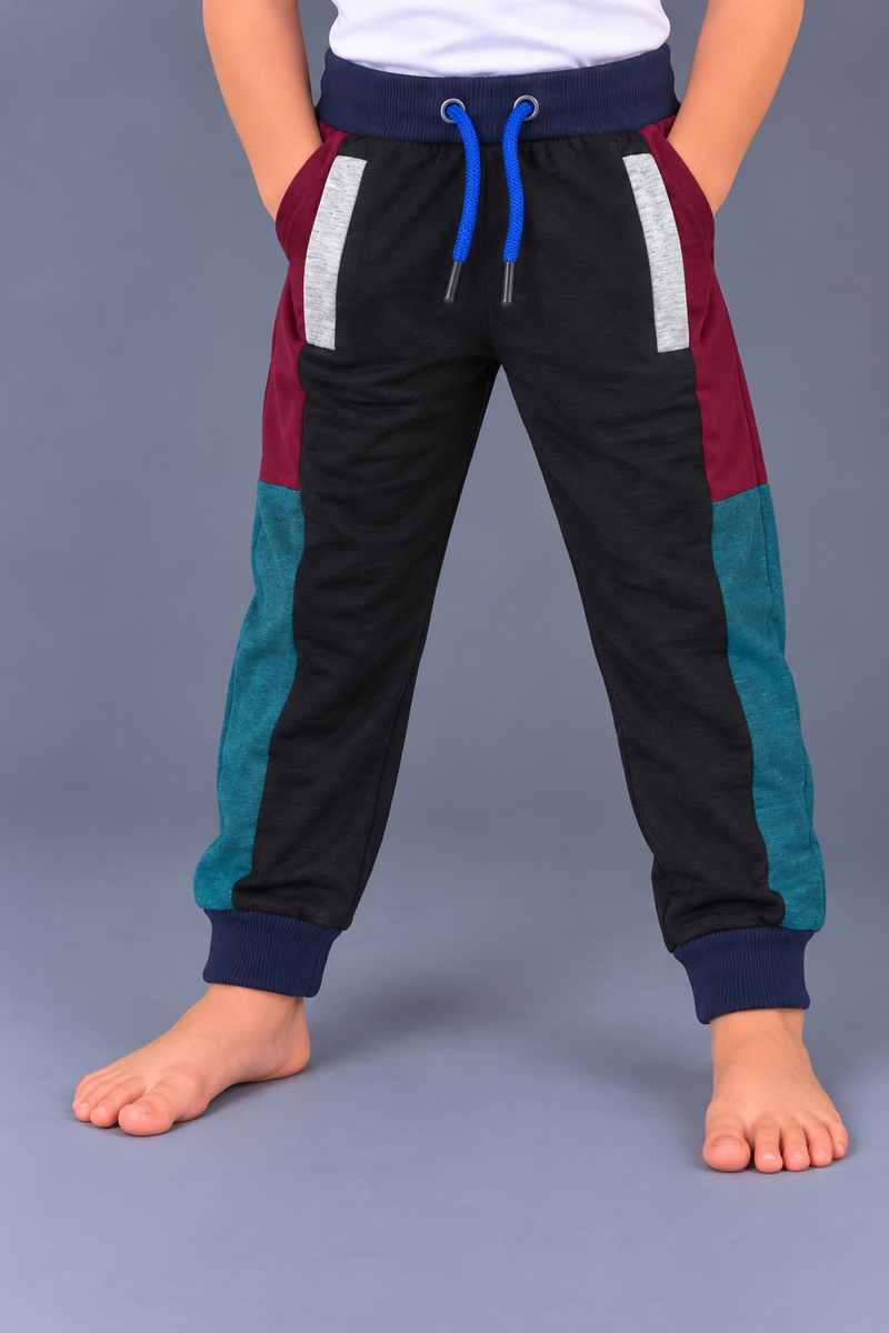 Kids Black Color Block Jogger Trouser – Maroon & Teal Side Panels-MU217
