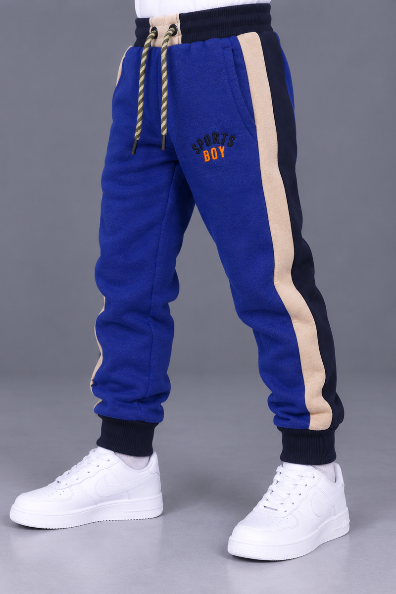 Kids’ Royal Blue Jogger Trouser with Cream & Navy Side Panels – Sports Boy Design-MU168