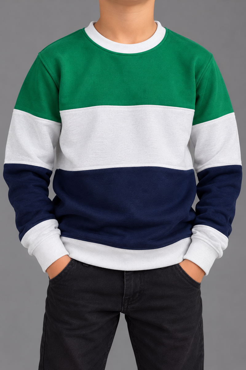 Boys’ Green, White & Navy Blue Colorblock Fleece Sweatshirt – Winter Collection-MU437