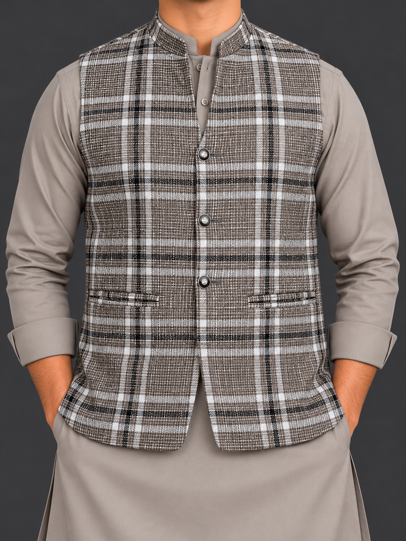 Men’s Premium Brown Grey Checkered Waistcoat with Straight Collar – Classic Traditional Style-MU488