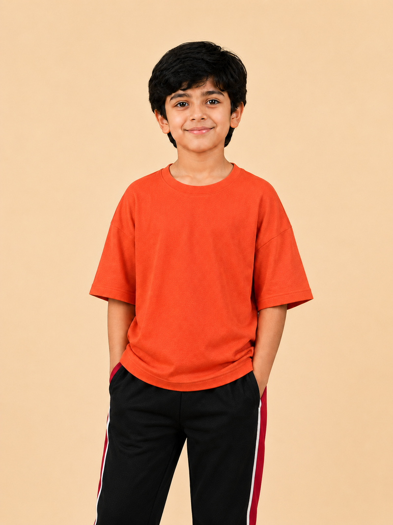Kids Oversized Down Shoulder T-Shirt – Coral Orange na1